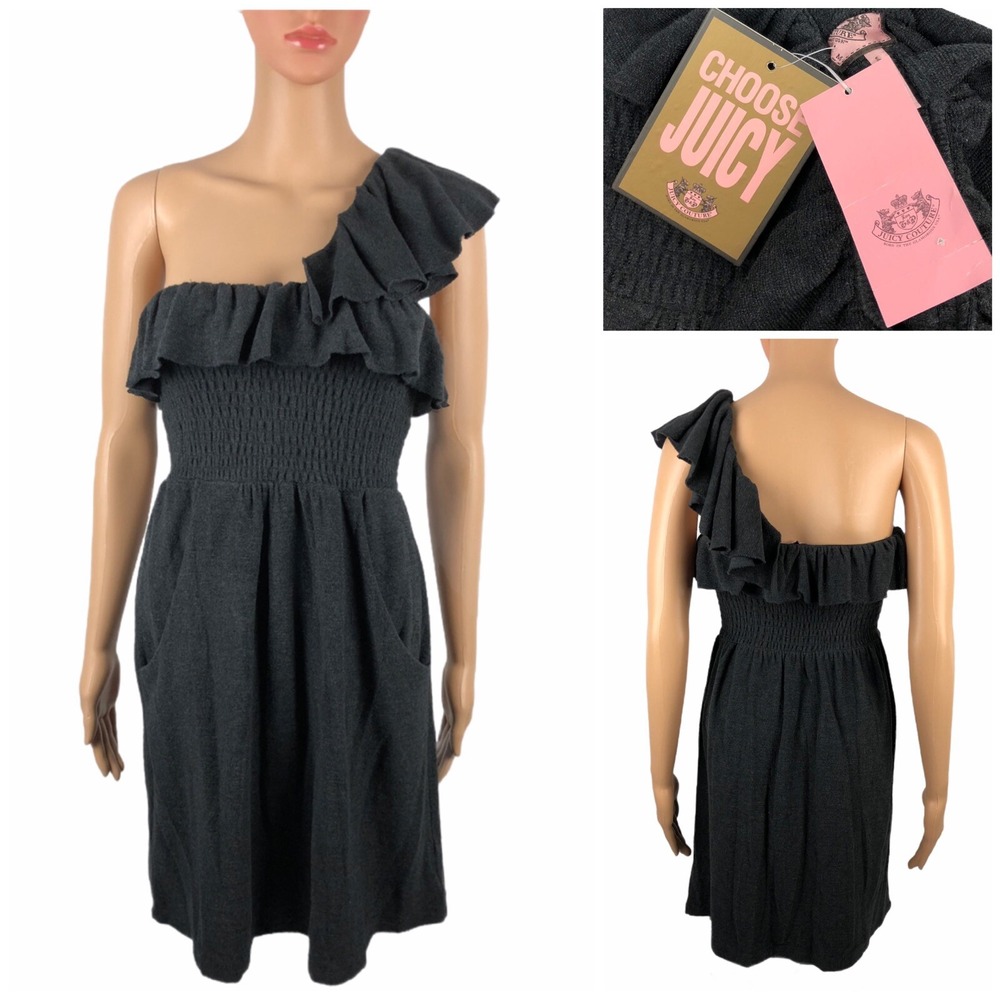 Juicy Couture Women Medium Smocked Ruffle Dress Gray Terry One Shoulder NWT $110